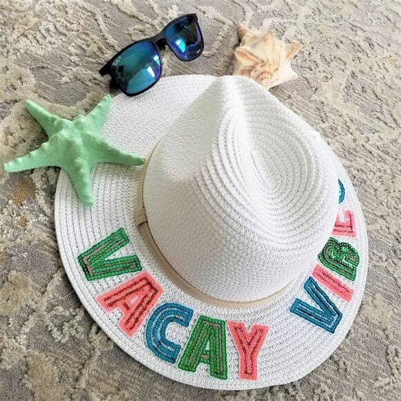 White Straw Hat with Colorful 'Vacay Vibes' Embroidery - Picture 5 of 8